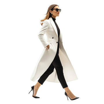 Elegant woman in striking white coat walking against contrasting dark backdrop