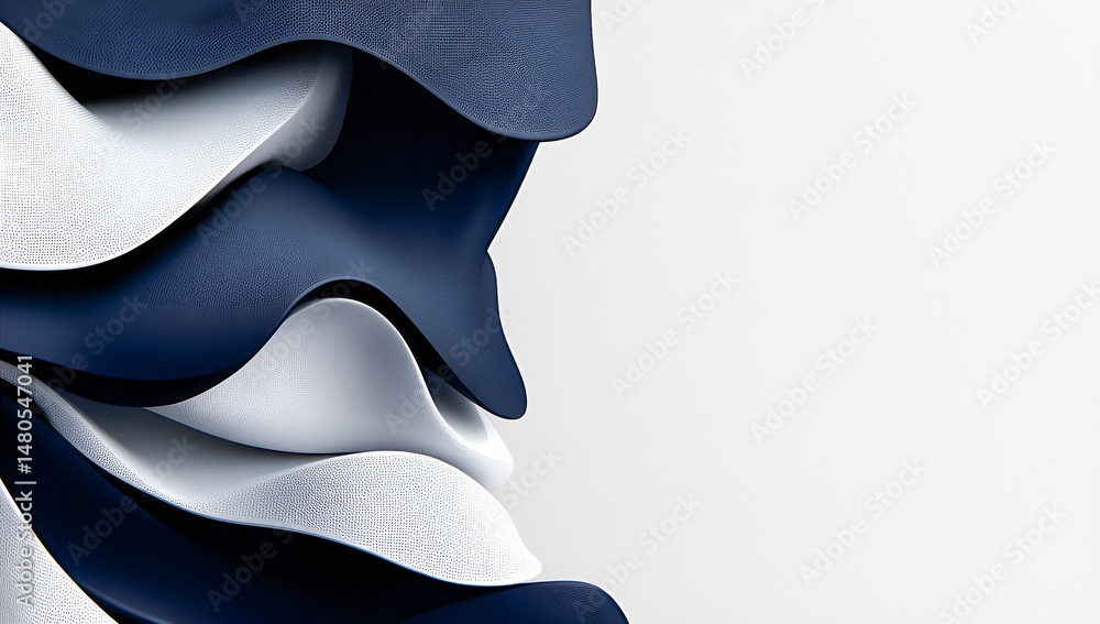 Poster abstract 3d rendering of flowing blue and white wave forms with textured surfaces on a white backgro