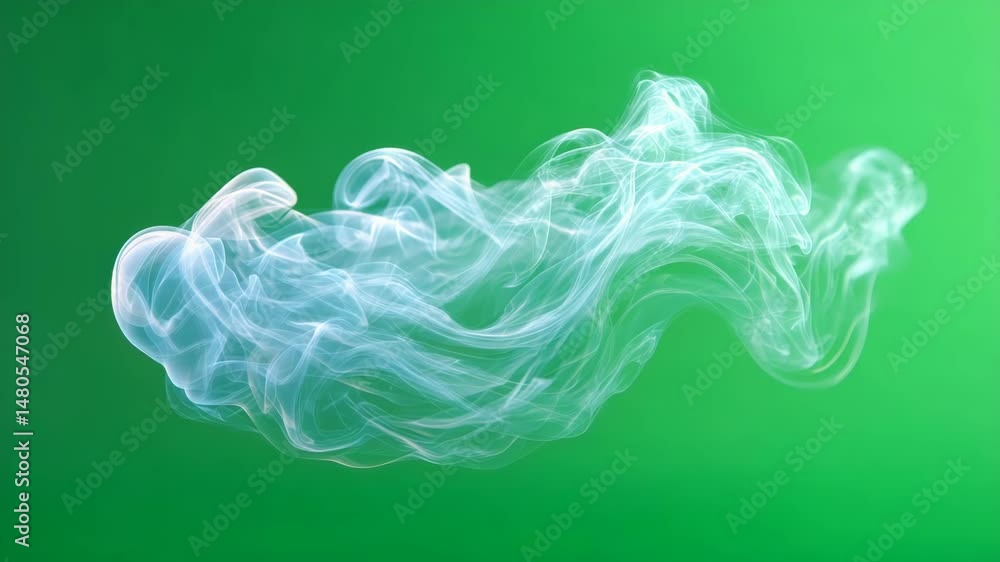 Poster translucent flowing abstract smoke on a vibrant green background with illuminated particles