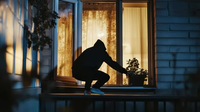 Masked intruder: residential break-in, stolen item, safety concern, criminal intent, hidden identity, private dwelling, unknown thief, fear trigger, lock failure, silent presence, sudden strike.