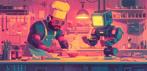 Culinary Collaboration: A futuristic scene unfolds, where a skilled chef and a technologically advanced robot work together, creating culinary masterpieces.