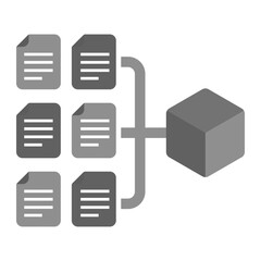 AI Language Model Icon. Multiple text documents feeding into a model block representing large language model training, NLP data input, and text processing AI.