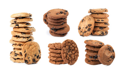 Yummy chocolate chip cookies isolated on white, collage