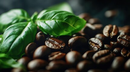 Obraz premium Coffee Beans and Basil Leaves