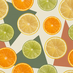 Fototapeta premium Vibrant citrus slices pattern with geometric shapes modern summer background