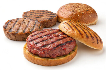 Grilled burger patties with sandwich buns on a white background