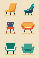 Collection of stylish mid-century modern chairs illustrations, Set of Mid-Century Modern Furniture Icons