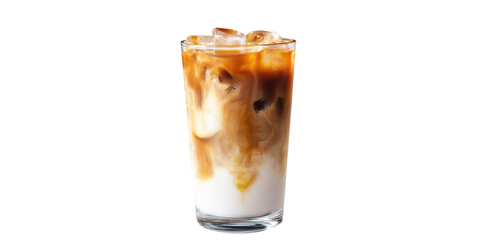 A refreshing iced latte in a clear glass with visible layers of milk coffee and ice cubes on black background