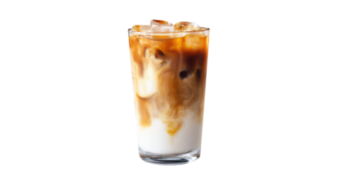 A refreshing iced latte in a clear glass with visible layers of milk coffee and ice cubes on black background