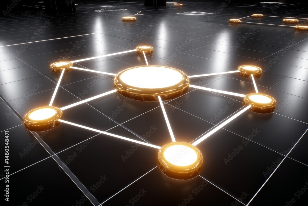 Poster illuminated network connection - abstract of a glowing network, nodes connected by illuminated lines