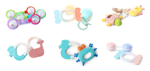 Different baby rattles isolated on white, set