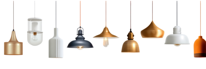 A collection of various pendant lights in different styles and colors hanging against a black background