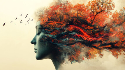 Fototapeta premium Surreal artwork of a woman's profile blending into vibrant autumn trees, symbolizing imagination, nature, and the connection between human mind and the natural world. 