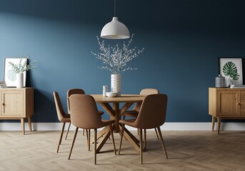 Dining room with round table chairs and blue wall featuring modern decor