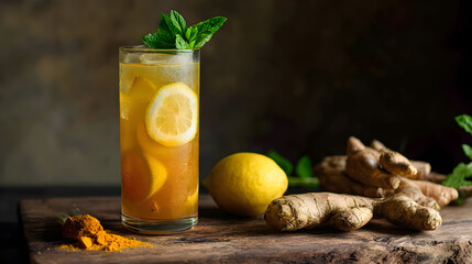 Vibrant Ginger Turmeric Drink in Tall Glass with Lemon and Mint on Wood (AI Image)