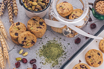 Tasty round homemade healthy biscuit made of oats, butter, nuts and dried fruits