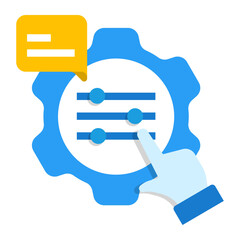 Model Tuning Icon. Gear with sliders and feedback bubble for machine learning configuration, AI parameter adjustment, and fine-tuning processes.