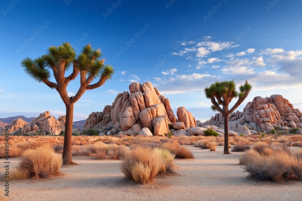 Aufkleber joshua tree desert landscape - scenic view of joshua trees and rugged rock formations under a vibran