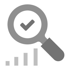 Proven Results Icon. Magnifying glass with checkmark and analytics bars for verified success and performance analysis.