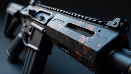 Close-up shot of a modern assault rifle, showcasing intricate details and metallic texture , weaponry technology, military, cartridge