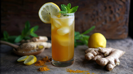 Fototapeta premium Healthy Ginger Turmeric Tonic with Lemon, Mint, and Fresh Turmeric Root (AI Image)