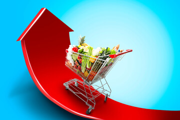 Shopping cart with different groceries moving on upward red arrow against light blue gradient...