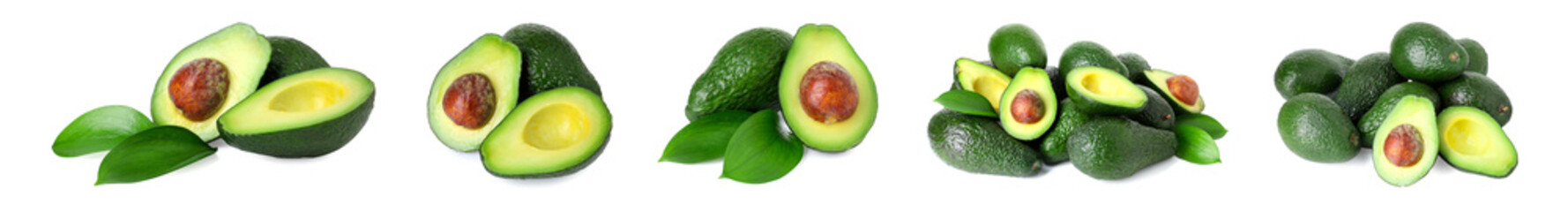 Fresh avocado fruits isolated on white, set