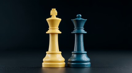 King and Queen Chess Pieces - Close-up of a yellow king and a dark teal queen chess piece against a black background