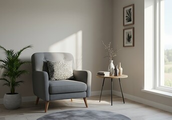 Living room interior with gray armchair, pillow, plant, round table, and window