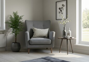 Cozy gray armchair with pillow and side table in bright living room corner