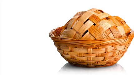 Light Brown Wicker Basket with Woven Bread on White Background
