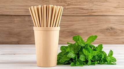 Light Brown Paper Straws and Fresh Mint on Rustic Wooden Table