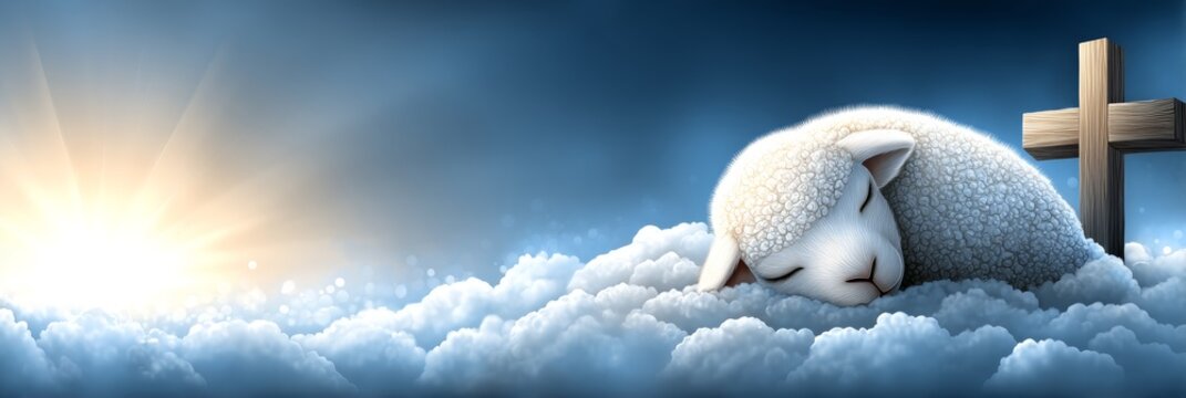 Lamb Asleep on Clouds near Cross - A peaceful of a lamb sleeping soundly on a cloud, with a wooden cross in the background. Serene and hopeful