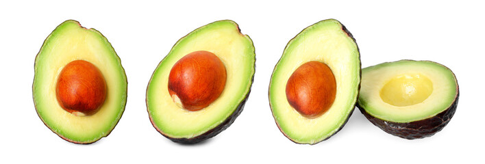 Fresh avocado fruits isolated on white, set