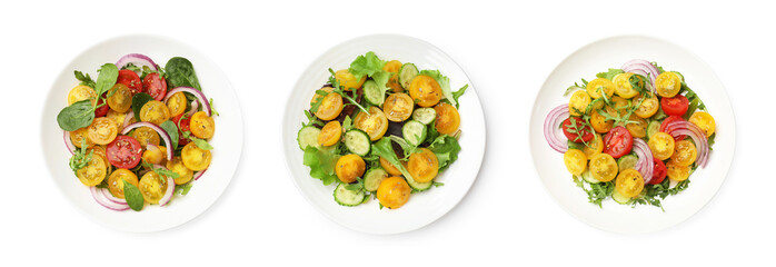 Tasty fresh salads with yellow and red tomatoes on white background, set. Top view