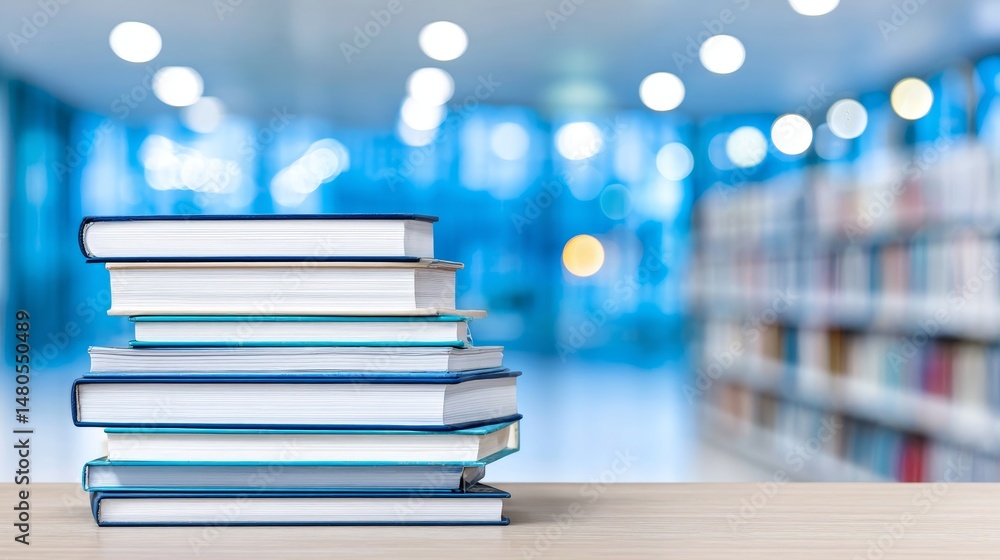 Poster library books stack illuminated - a stack of books sits on a table, symbolizing knowledge, education