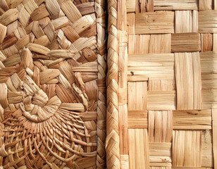 Textures and patterns of woven mats and baskets made from natural fibers, showcasing traditional South African craftsmanship.