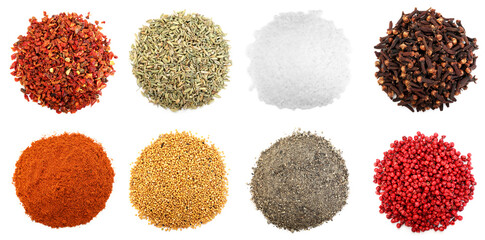 Different aromatic spices on white background, set. Top view