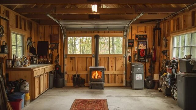 Cozy Rustic Garage Interior with Wood Stove