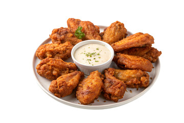 Plate of crispy buffalo chicken wings with ranch dip, isolated on white background