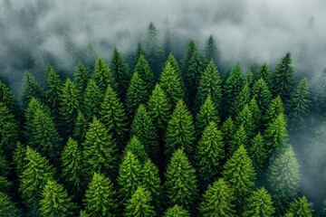 Fototapeta premium Lush Green Coniferous Forest Aerial View in Fog