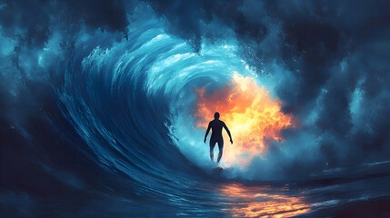 Dramatic surf rider in a powerful wave tunnel.