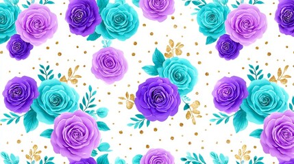 Lovely Purple and Teal Rose Pattern - Beautiful pattern featuring purple and teal roses with gold accents on a white background. Perfect for textile prints, wallpapers, and more