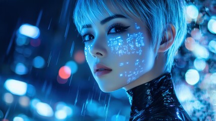 cyberpunk-inspired portrait of a woman with sleek, short silver hair, her face illuminated by glowing blue holographic symbols. She wears a high-tech bodysuit with metallic accents