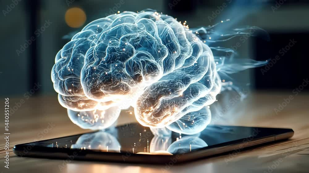 Poster futuristic concept of a glowing brain fused with microchips and neural circuits, symbolizing artific