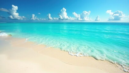 Fototapeta premium Vibrant beach scene, turquoise water, sunny day, landscape, water, resort