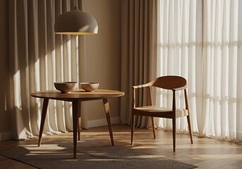 Dining room interior with wooden table, chair, bowls and pendant light