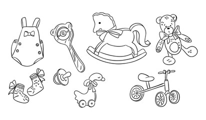 Hand drawn baby boy doodles including clothing, toys, pacifier and teddy bear with bows in black and white. Concept of childhood, early development and adorable baby essentials