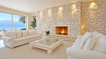 Luxurious Living Room with Stone Fireplace and Lake View - Elegant living room featuring a stunning stone fireplace, white sofas, and breathtaking lake views through large windows