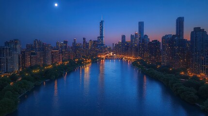 Fototapeta premium Chicago Skyline at Dusk Reflected on Water